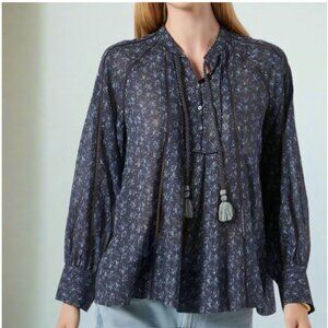 Joie Cotton Boho Blouse Womens Small Blue V-Neck Long Sleeve Dracha Top Summer